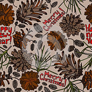 Hand drawn vector illustrations. Seamless pattern with pine cones. Forest background