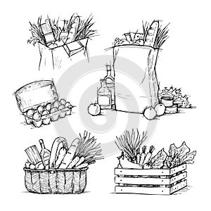 Hand drawn vector illustrations - Shopping bags with healthy food