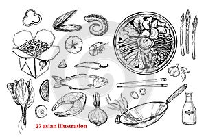 Hand drawn vector illustrations - Wok. Wok box, wok pan, bibimbap, chinese noodles, tomato, pepper, shrimp, soy sauce etc. Asian