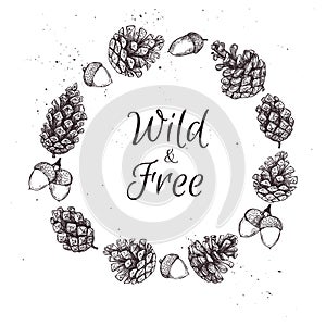 Hand drawn vector illustrations. Wreath with pine cones. Forest