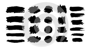 Hand drawn vector ink brush strokes, black paint spot set. Dirty paint blobs and daubs artistic backgrounds. Grunge texture