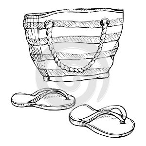 Hand drawn vector ink elements. Striped beach canvas bag, accessories, flip-flop sandals. Isolated on white background