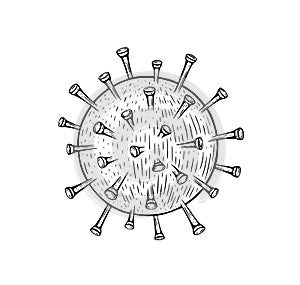 Hand drawn vector ink illustration of coronavirus. Black and white engraving Virus Covid-19 sketch.