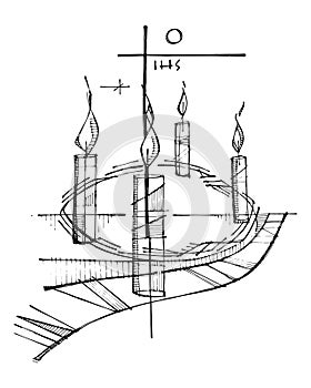 Advent crown, candles and religious Christian Cross