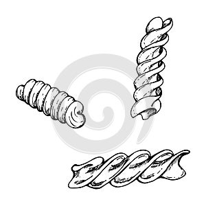 Hand drawn vector ink illustration. Types of pasta Italian cuisine fusilli, rotini corkscrew dish. Set of single object