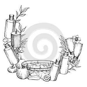 Hand drawn vector ink spa skincare bath beauty products package with flowers and leaves. Frame border. Isolated on white