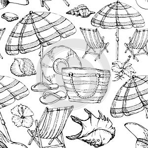 Hand drawn vector ink striped beach chair umbrella hat bag sea shell flip-flops. Seamless pattern. Isolated on white