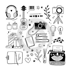 Hand drawn vector linear illustration - Set of art supples: musical instruments, typewriter, camera, candles, gifts, ceramics.