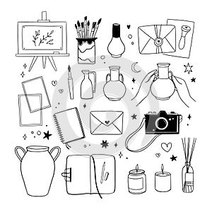 Hand drawn vector linear illustration - Set of art supples: notebook, brushes, camera, canvas, easel. Work from home