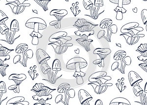 Hand-drawn vector lineart seamless doodle-style pattern with mushrooms in grey on a white background