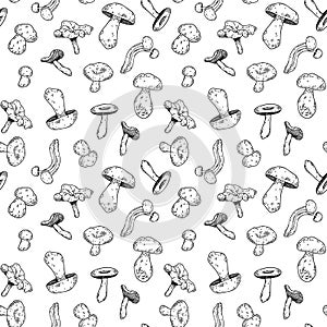 Hand-drawn vector lineart seamless doodle-style pattern with mushrooms on a white background.
