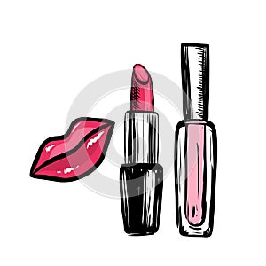 Hand drawn vector lips, lipstick and lip gloss. Make up object on white background.