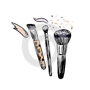 Hand drawn vector makeup brushes. Make up objects on white background.