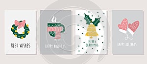 Hand drawn vector Merry Christmas cards collection set with cute illustrations