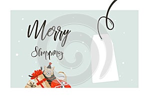 Hand drawn vector Merry Christmas shopping time cartoon graphic simple greeting illustration logo design with dog,many