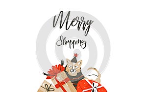 Hand drawn vector Merry Christmas shopping time cartoon graphic simple greeting illustration logo design with dog,many