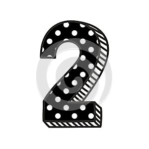 Hand drawn vector number 2 with white polka dots on black