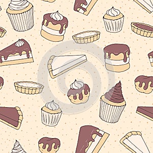 Hand drawn vector pastry seamless pattern with cake and pie piec