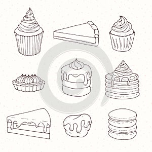 Hand drawn vector pastry set with cakes, pies, tarts, muffins an