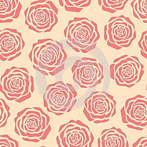 Hand drawn vector pink roses silhouettes seamless pattern on the beige background