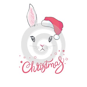 Hand drawn vector portrait of a cute funny rabbit in a Santa hat, text Season's greetings.