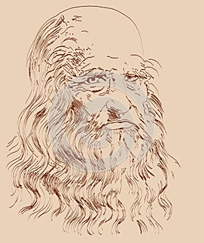 Hand drawn vector portrait on paper background.Leonardo Da Vinci