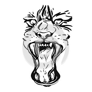 Hand drawn vector realistic ink graphic drawing of anger tiger face isolated on white background.Wild soul concept