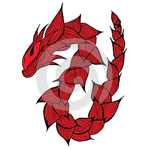 Hand drawn vector red dragon illustration. Fantastic dragon icon. Freehand silhouette of mythology aminal. Fantasy outline