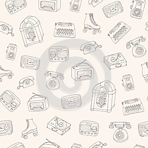 Hand drawn vector retro seamless pattern with antique tech, scooter, juke box, radio, typewriter, roller skates and vinyl record