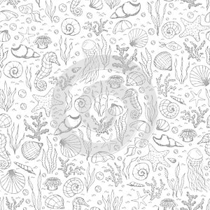 Hand drawn vector sea life seamless pattern with seahorses, fish, starfish, corals, seashells and jellyfish gray outline