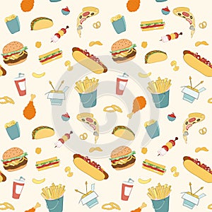 Hand-drawn vector seamless fast food pattern