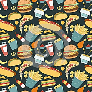 Hand-drawn vector seamless fast food pattern