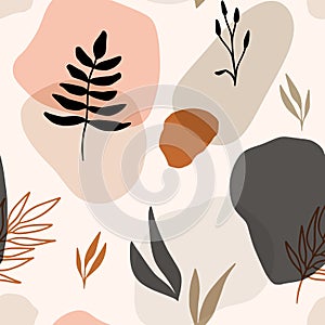 Hand drawn vector seamless floral organic pattern. Organic shapes, plants and textures for a background.