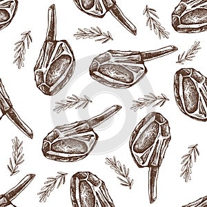 Hand-drawn vector seamless pattern of beef steak with rosemary, piece of meat on the bone. Doodle vintage sketch illustration.