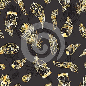 Hand drawn vector seamless pattern with bird feathers isolated