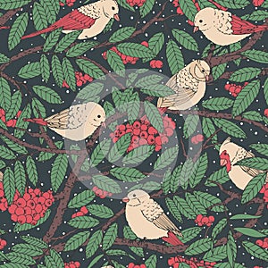 Hand drawn vector seamless pattern with birds, branches, leaves and rowanberry on black dotted background.