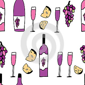Hand drawn vector seamless pattern with cheese, wine glasses, bottles and grapes