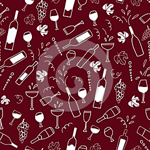 Hand drawn vector seamless pattern with cheese, wine glasses, bottles. Sketch drawing