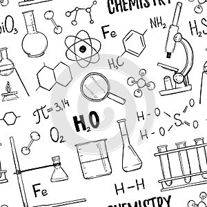 Hand drawn vector Seamless pattern. Chemistry, chemical elements