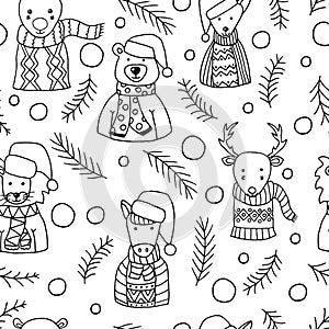 Hand drawn vector seamless pattern with Christmas cute animals in Scandinavian style. Coloring page