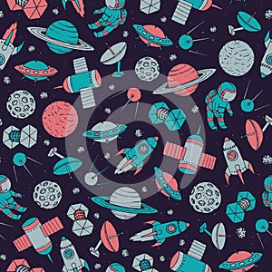 Hand drawn vector seamless pattern with cosmonauts, satelites, r