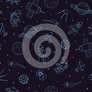 Hand drawn vector seamless pattern with cosmonauts, satelites, rockets, planets, moon, falling stars and UFO.