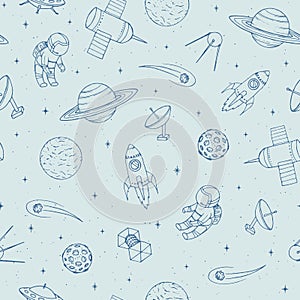 Hand drawn vector seamless pattern with cosmonauts, satelites, rockets, planets, moon, falling stars and UFO. photo
