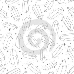 Hand drawn vector seamless pattern with crystals outline on the white background.