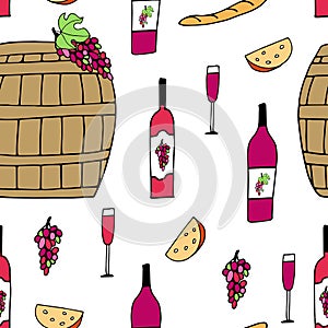 Hand drawn vector seamless pattern with doodle barrels, tasty cheese, wine glasses, bottles and grapes. Sketch drawing