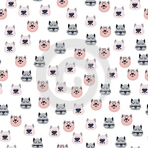 Hand drawn vector seamless pattern of funny cartoon kittens