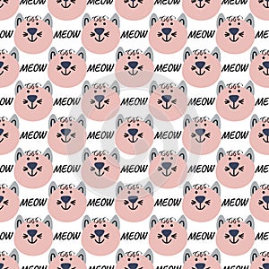 Hand drawn vector seamless pattern of funny cartoon kittens, meow
