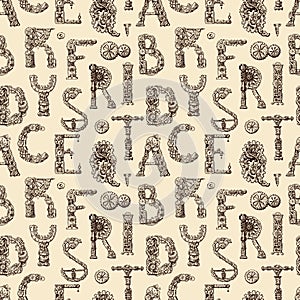 Hand drawn vector seamless pattern with mechanical letters.