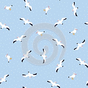 Hand drawn vector seamless pattern of nautical birds - marine seagulls.