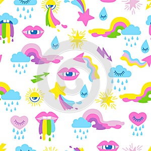 Hand drawn vector seamless pattern of neon. Psychedelic weather elements in a flat cartoon style on a white background